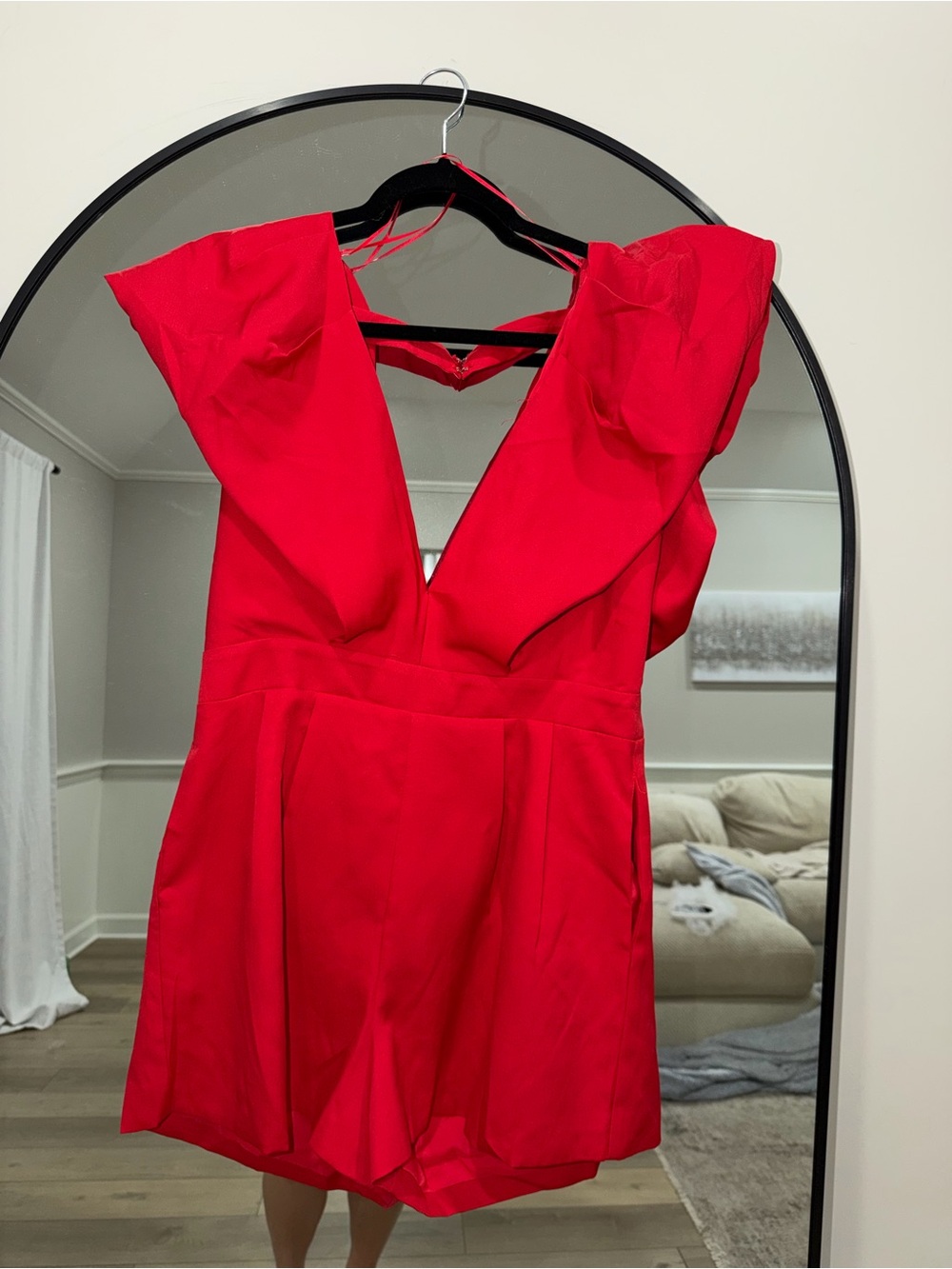 Luxxel Bold Red Deep V Ruffle Mini Dress
